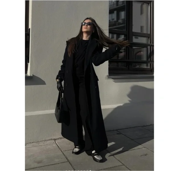 Zara Long wool blend Black Double-Breasted Coat - Picture 4 of 12